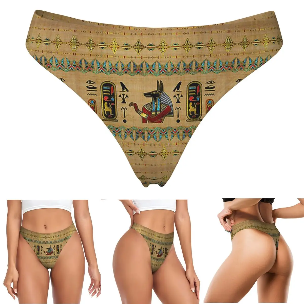 Custom Egyptian Anubis Ornament On Papyrus G-string Panties Breathable Women Stretch Thongs Comfort Underwear