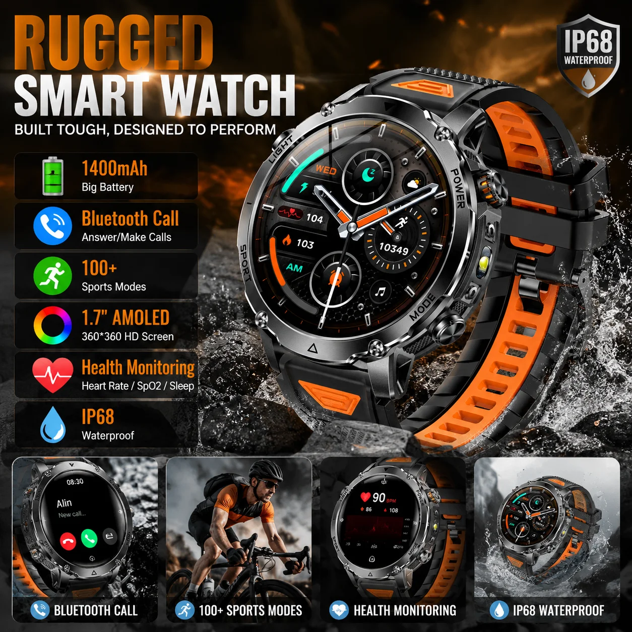

LIGE New 1400mAh Battery Smart Watch Men BT Call IP68 Waterproof Heart Rate Monitor Flashlight & SOS Light Sport Men Smartwatch