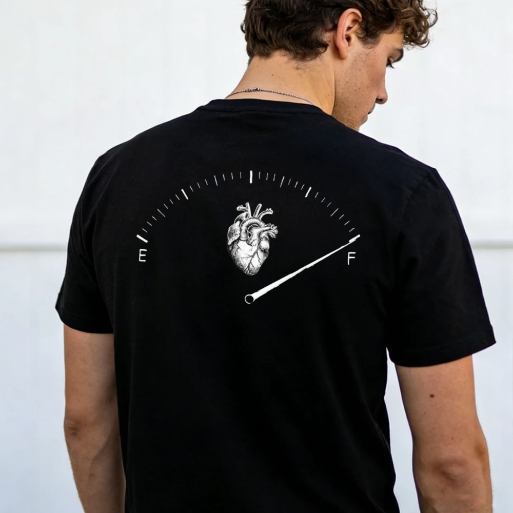 Men's Anatomical Heart Fuel Gauge Printed Tshirt Full Love Indicator Design Unisex Cotton Short Sleeve Back Print Street T Shirt