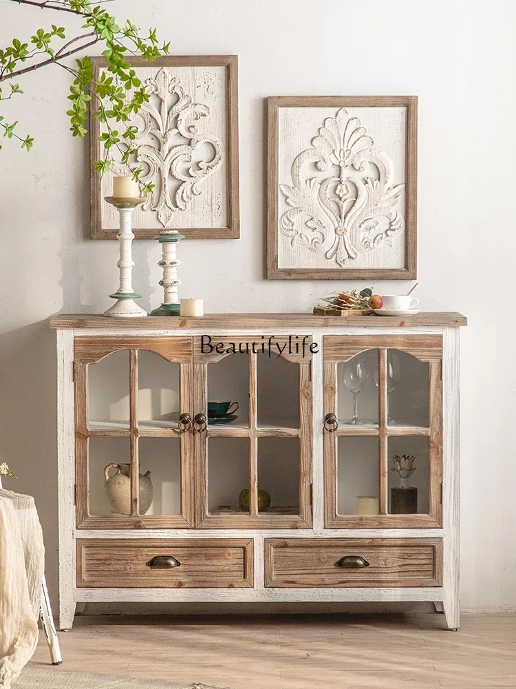 

LRetro American solid wood dining side locker, living room against the wall pastoral glass entrance entrance cabinet