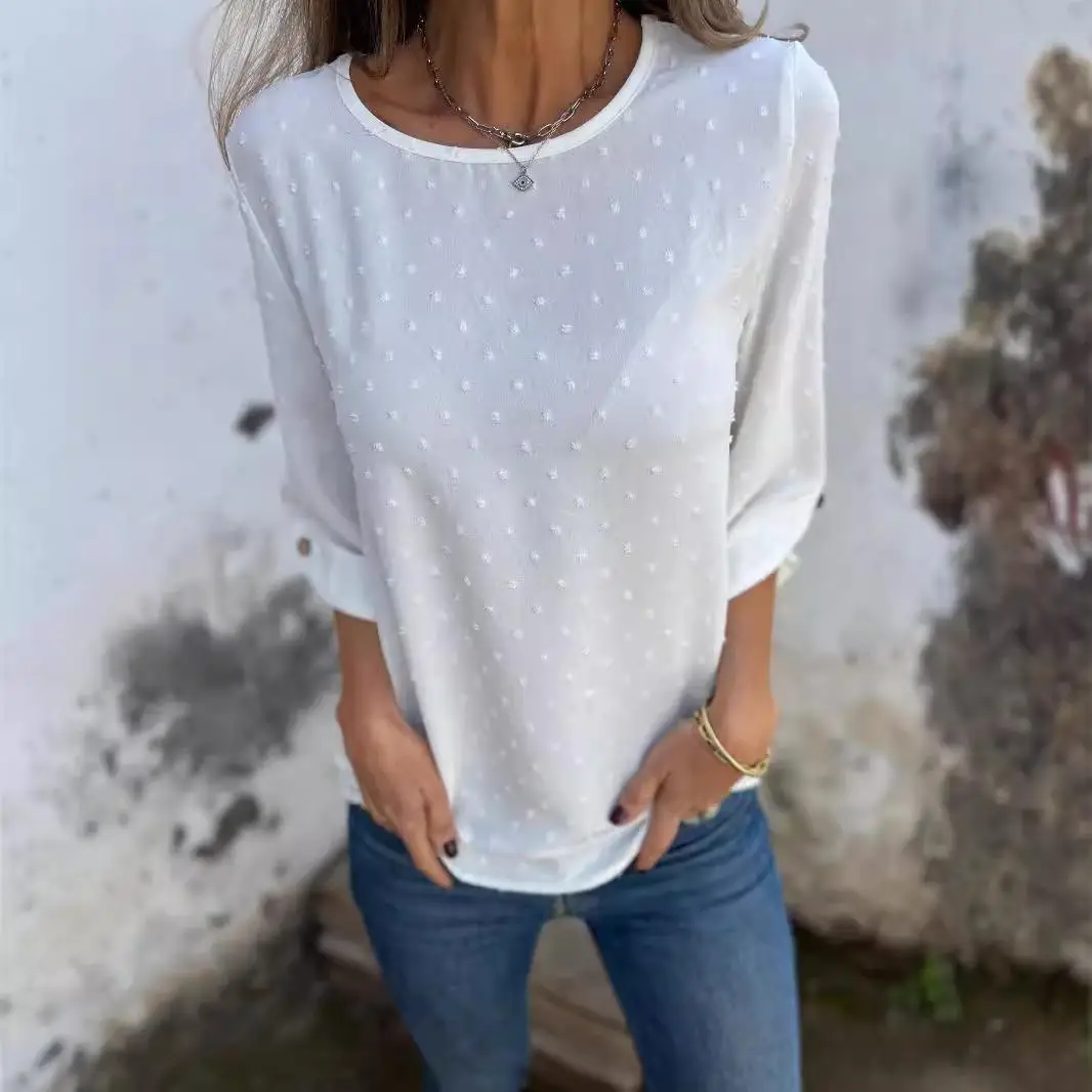 

Women's Long Sve irt European Sle Polyester Fiber Pure Color Embroidery Faionable Ladies' Premium Quali Top