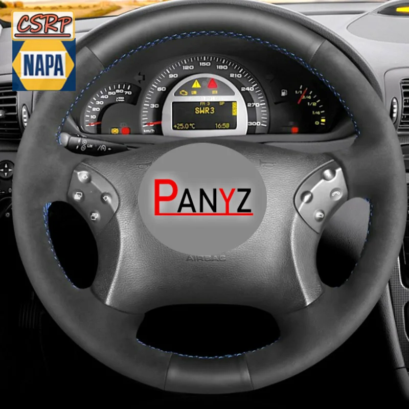 For Mercedes Benz W203 C-Class 2001 2002 2003 2004 2005 2006 2007 Custom Car Steering Wheel Cover DIY Full Coverage Grey Leather