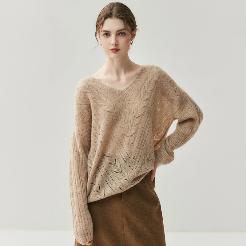 

MEELEX женский свитер из 100% кашемира с v-образным вырезом, весенне-осенний пуловер с узором листьев, топы, вязаная свободная блузка с длинными рукавами