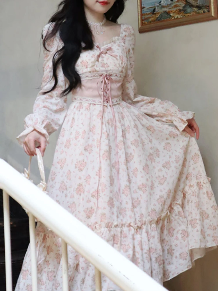 2023 Spring Pink Floral Elegant Dress Women Bandage Lace Print Sweet Vintage Dress Puff Sleeve Kawaii Dress Women Princess Fairy