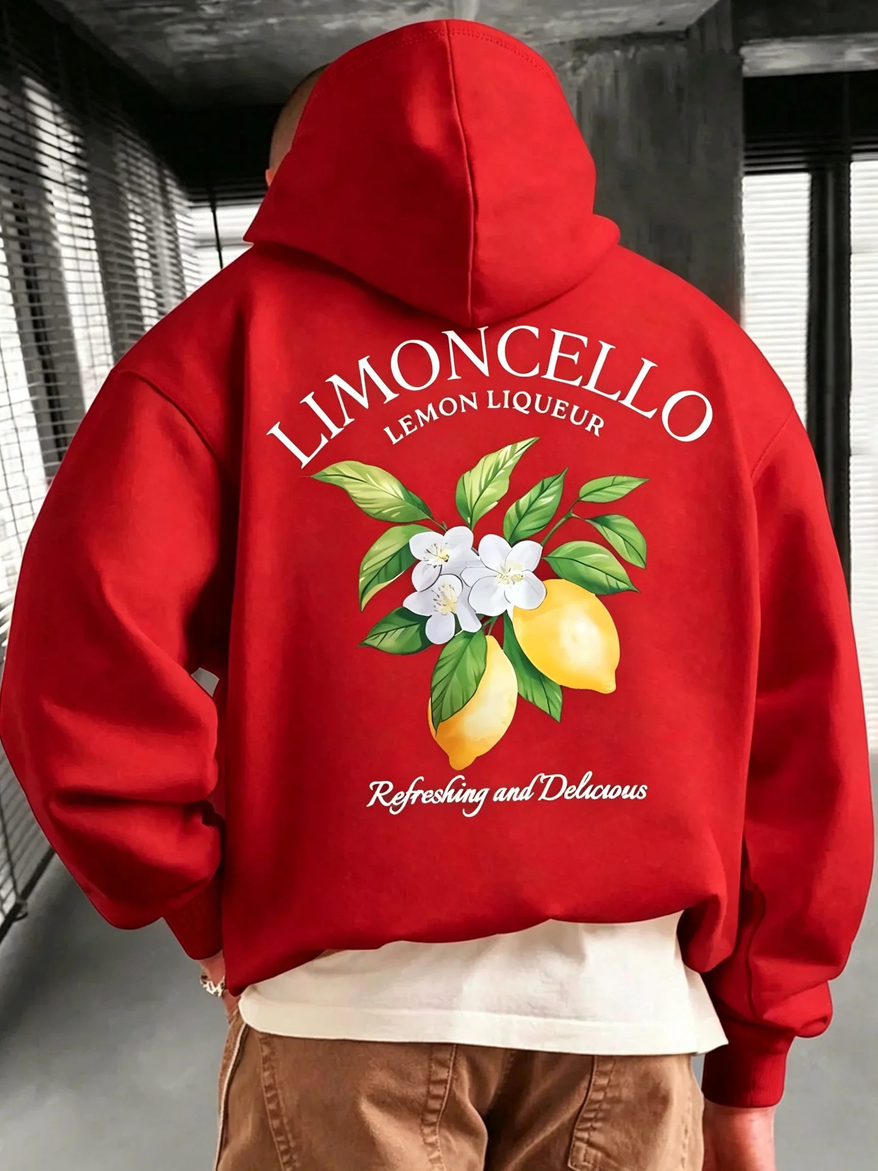 New Men Hooded Sweatshirt Lemon pattern Print Hoodie Vintage Letter Graphic Casual Long‑sleeve Pullover Male Streetwear Tops
