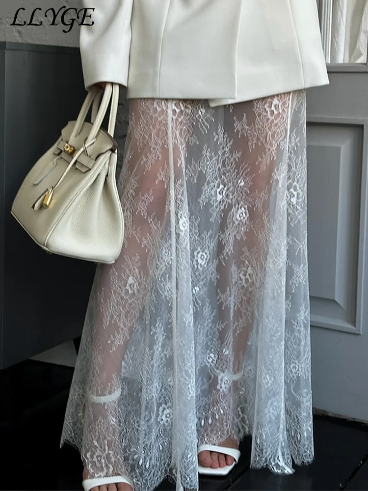 Chaquetas de traje elegantes, conjuntos de falda de encaje para mujer, chaqueta ajustada de manga acampanada con un botón, faldas largas transparentes, trajes de primavera 2025 para mujer