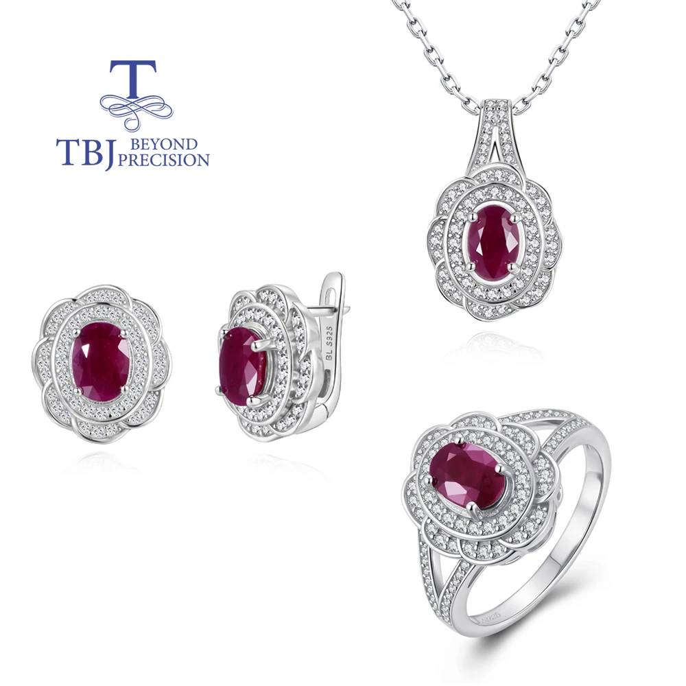 

Flower design Natural longrido ruby Ring Earrings Pendant Necklace Set 925 sterling silver jewelry for women's daily party gifts