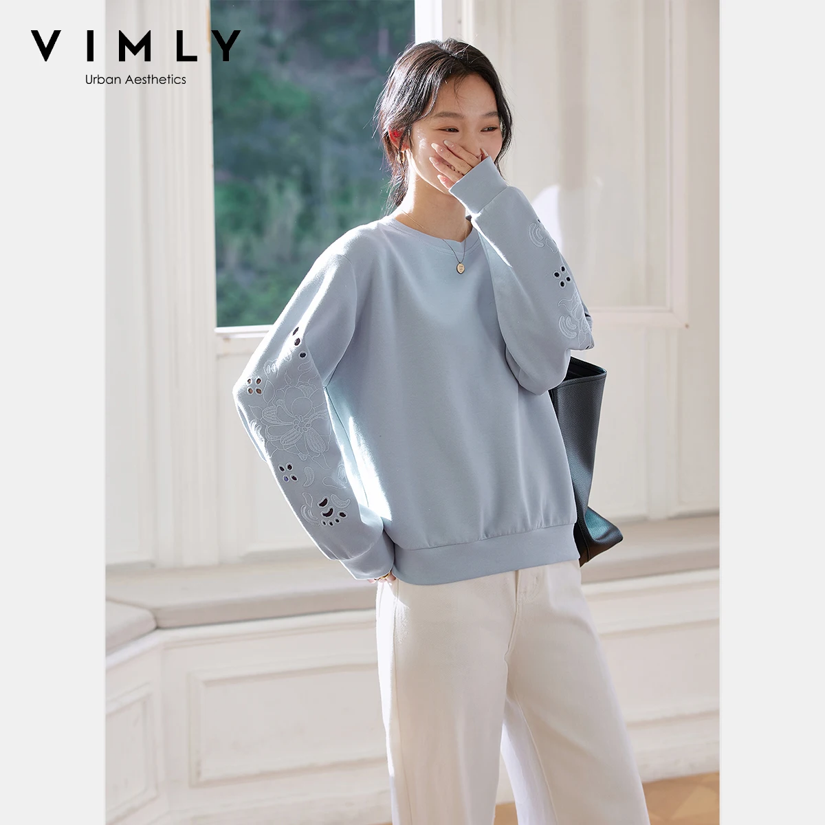 VIMLY Crew Neck Sweatshirt Women Spring 2025 Embroidered Hollow Out Loose Long Sleeve Top Female Pullover Woman Clothes A0685