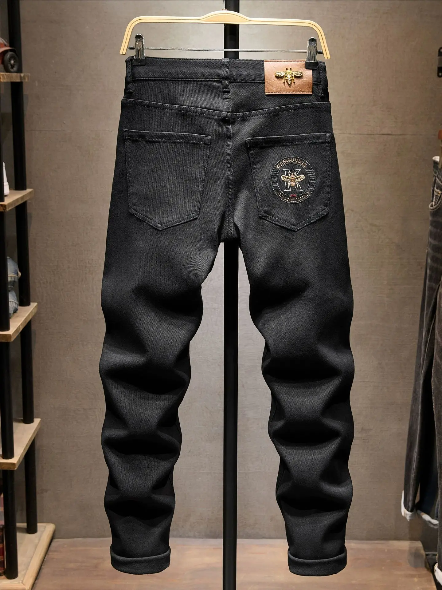 

High-End Men's Slim Fit Jeans with Embroidered Ba kets Thiened Casual Trousers Cotton Polyester Blend Autumn Wear