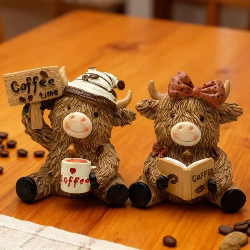 Coffee Theme Highland Cow Dwarf Resin Animal Miniatures Craft Ornament Home Decor Supplies Desk Decoration Café Style Ornament