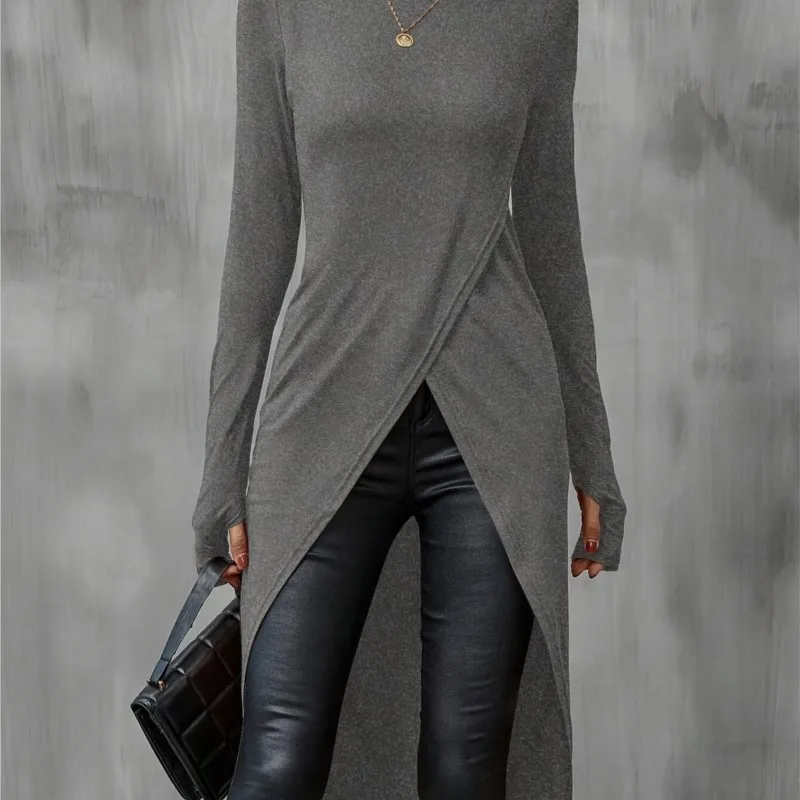 

Irregular Elongated Artistic Retro Design High-end Autumn New Women's Top Casual Solid Color Long Sleeves T-shirt Ropa Mujer