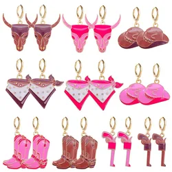 Vintage Cow Head Earrings Fashion Pink Trendy Creative Cowboy Boots Alloy Dropping Oil Earring Jewelry for Women Gifts