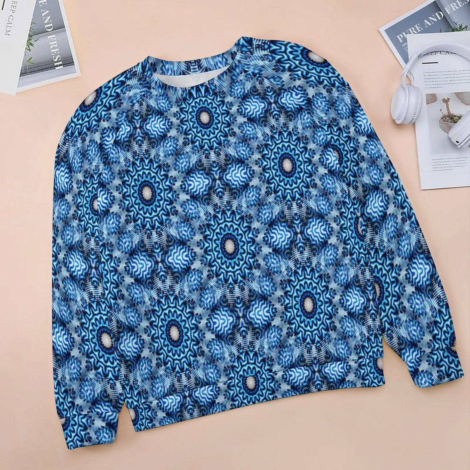 Blue Snowflake Casual Hoodies Autumn Christmas Print Y2k Hoodie Long-Sleeve Oversized Classic Pattern Sweatshirts