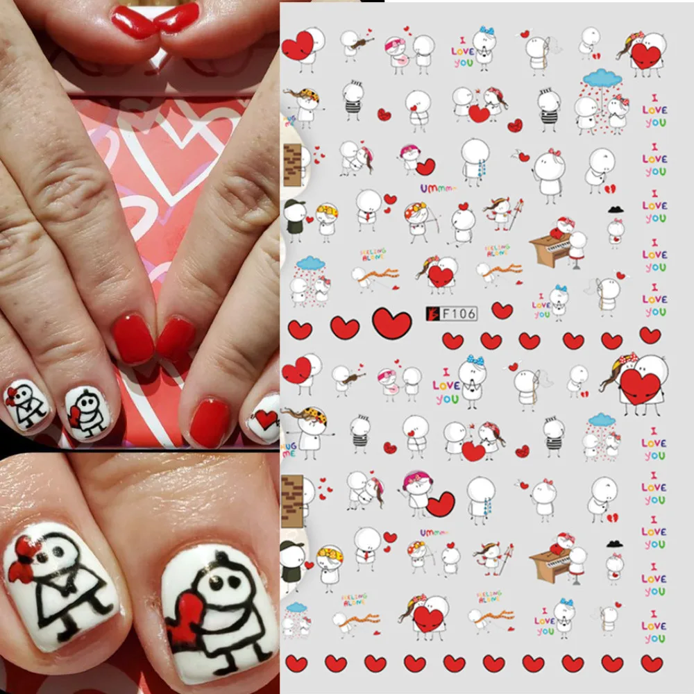 

2Pcs New Nail Art Stickers Girls Valentine's Day 3D Cartoon Love Red Heart Letter Comic Design Self-adhesive Nail Decals