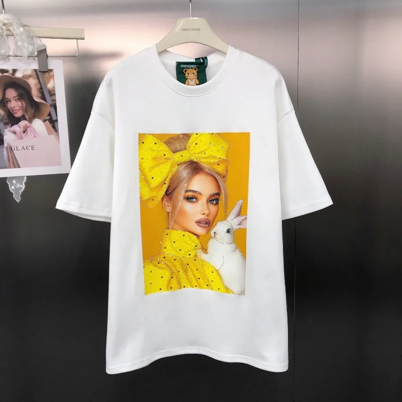 Estilo americano na moda original pesado-indústria diamante brocas personagem impressão t solto algodão de manga curta camisetas pulôver