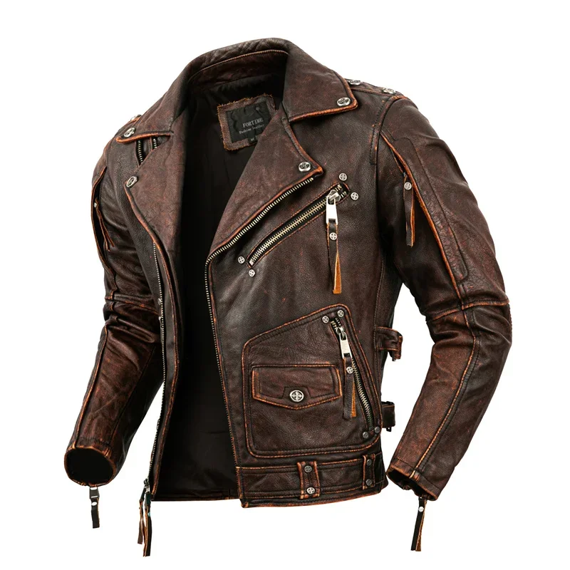 2024 Vintage Brown Genuine Leather Jacket Men Motocycle Style Plus Size 5XL Real Natural Cowhide Autumn Slim Fit Biker Coat