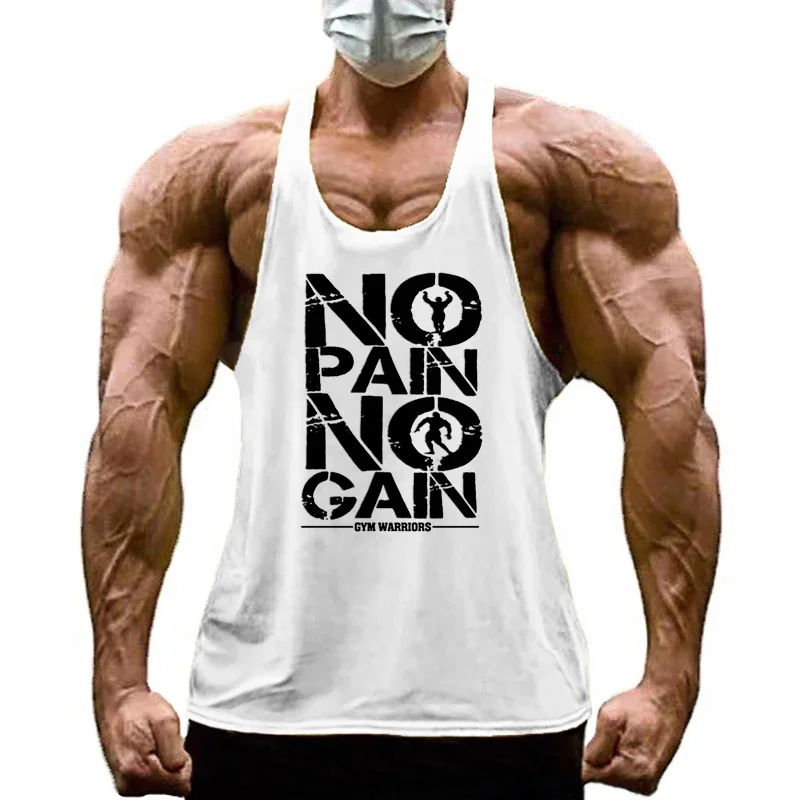 NO Pain No Gain Fitness Clothing Mens Gym Tank Tops Cotton Y Back Muscle Vests Bodybuilding Stringer Singlets Sports Shirt