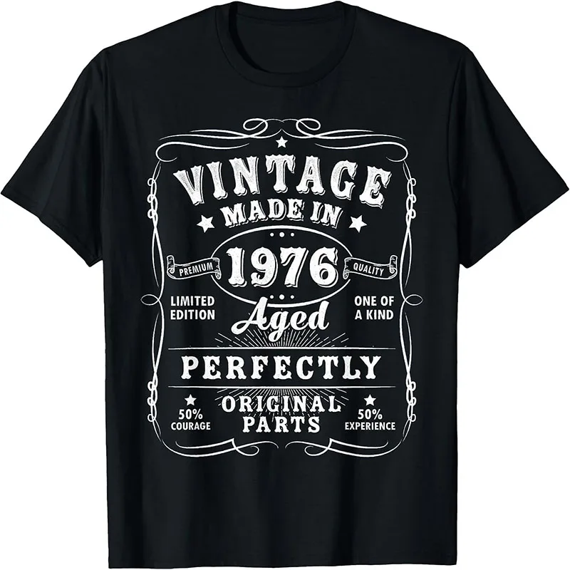 Men Classic O-neck T-shirt Ornate Vintage Label 1976 Birthday Lettering Print Short Sleeve Tees