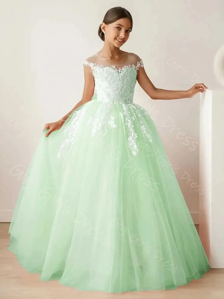 Vestido de fiesta personalizado para niñas, vestido de niña de flores con apliques de encaje blanco y lazo sin mangas, vestido de primera comunión para cumpleaños y boda