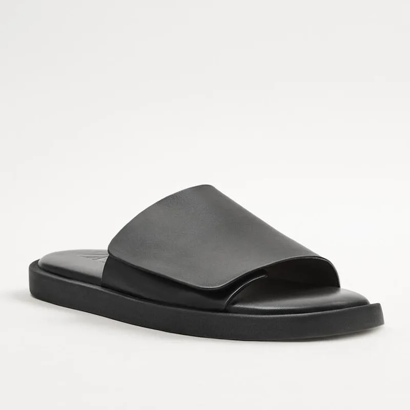 US Size Leisure Men\'s Simple Black Leather Summer Outdoor Slippers Mature Businessman Concise Slides Beach Shoes