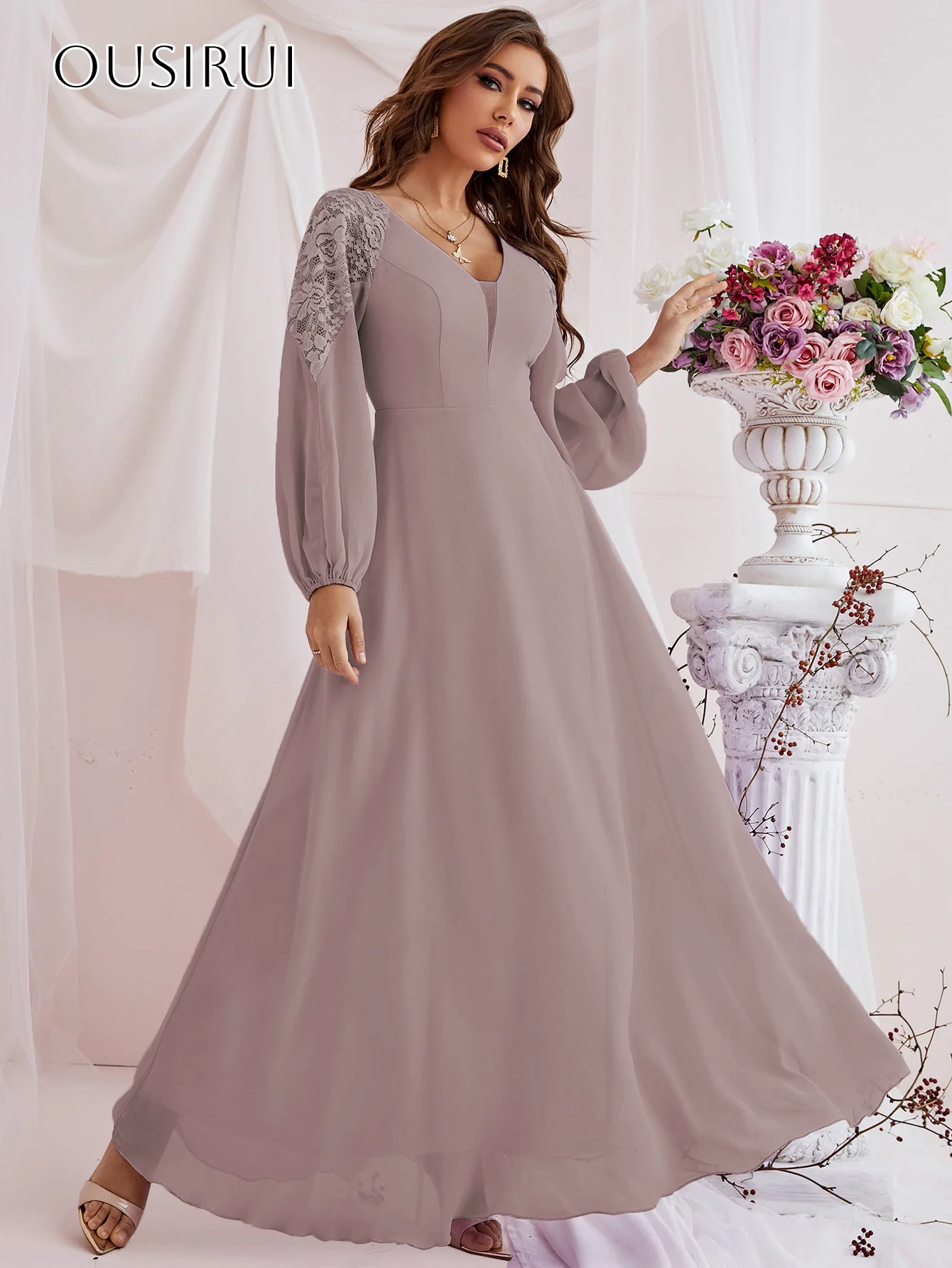 V-neck Chiffon Evening Dresses Lace Long Sleeves Pleated Ankle Length Party Gown Customized свадебное платье