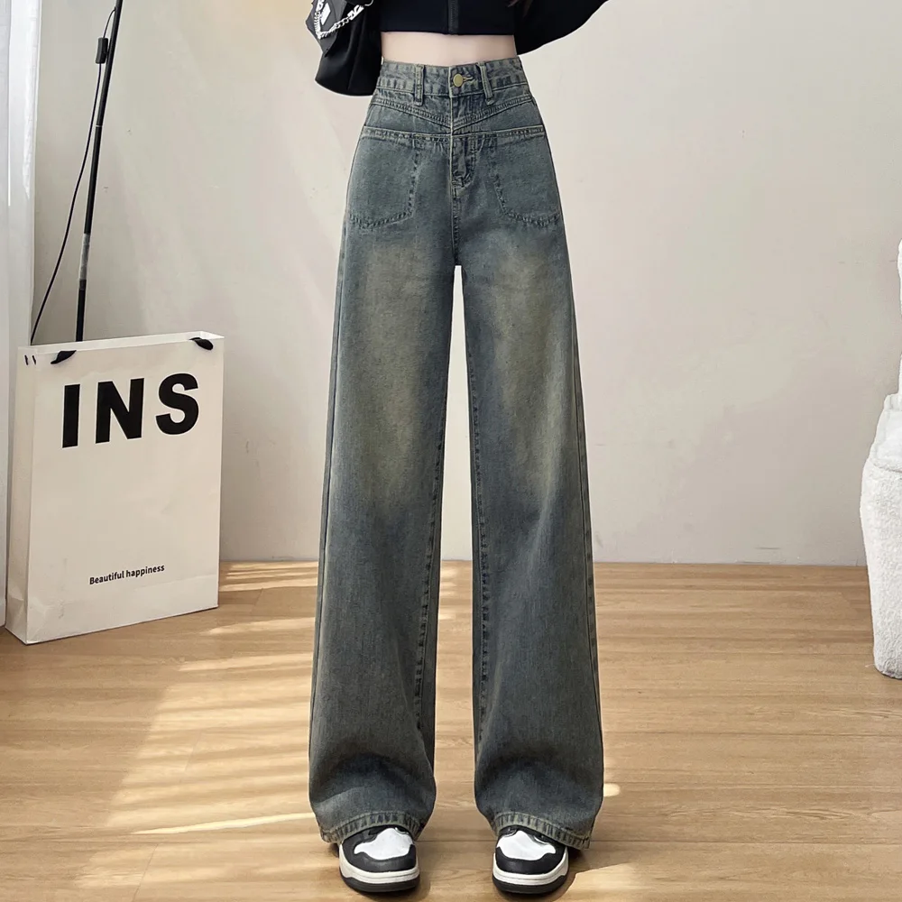 High Rise Waist Wide Legged Denim Pants For Female Autumn Winter Loose Straight Slimming Long Fleece-lined Jeans For Women