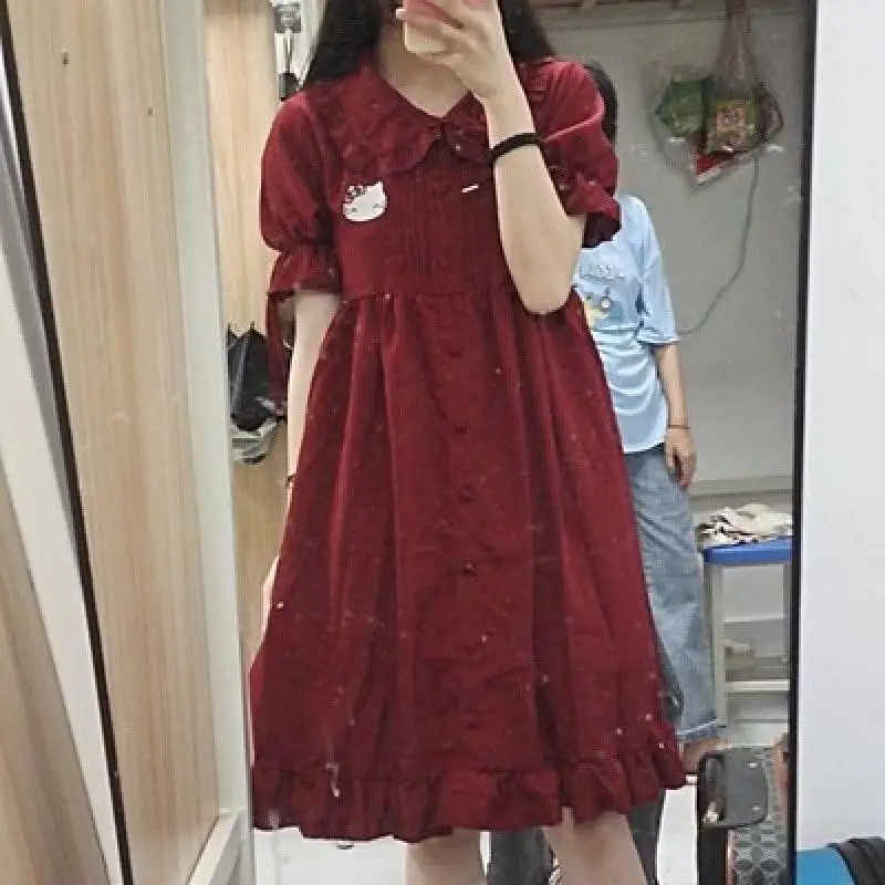 

Платье принцессы с героями мультфильмов «Hello Kitty», Sanrio, студенческая кукольная воротник, юбка трапециевидной формы с короткими рукавами, кавайная модная тонкая летняя одежда, новинка