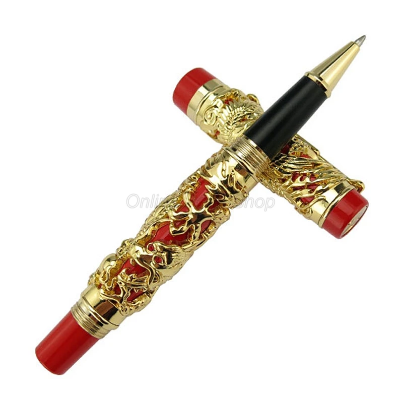 

Jinhao Elegant Dragon Phoenix Rollerball Pen Metal Carving Embossing Heavy Pen Golden & Red For Writing Gift Pen JR002