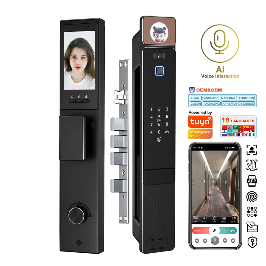 YiTechE AI Voice Interaction Active Visual Intercom 3D Face Palm Vein Identification WiFi Digital Smart Door Lock
