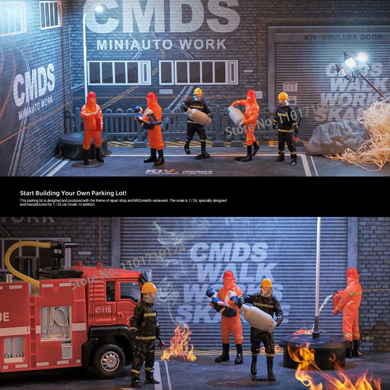 1/32 Diorama Miniature Fireman Firefighter Figure Model Car Garage Figurine Display Model City Street View Scene Display Prop