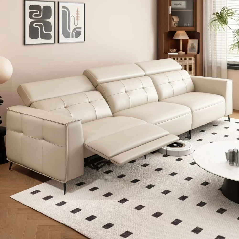 Modern Power Reclining Sofa with Adjustable Headrests – Genuine Leather Recliner Couch with USB, Side Storage and Cup Holders