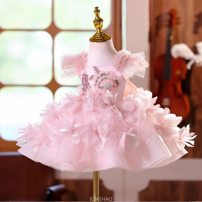 Wed Dress Clothes Pink Girls Birthday Princess Dresses Costume Children Wedding Flower Girl Kids Host Piano Performance Outfit