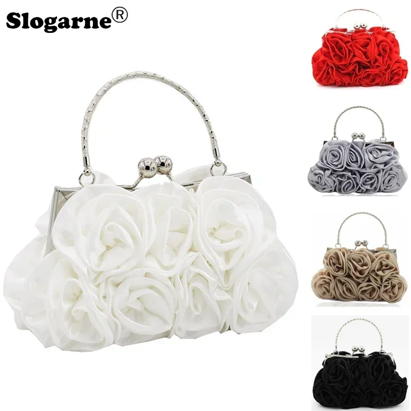 

Модная женская однотонная сумка с цветком розы, повседневная вечерняя сумка, вечерние свадебные сумки, роскошные женские платья, атласные свадебные сумки