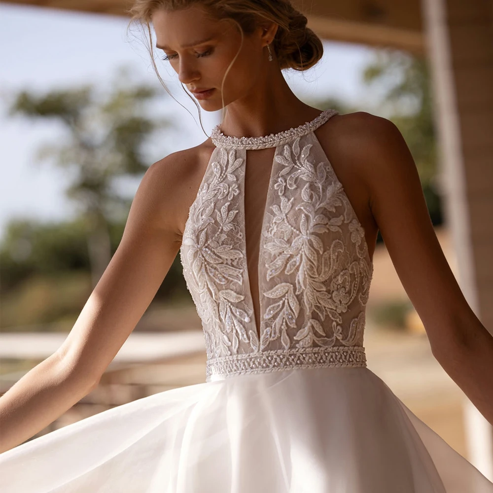 Customized Deep V Neck Wedding Dresses A Line Sleeveless Bridal Growns Applique Lace Button Back Tea Length Vestido de novia New