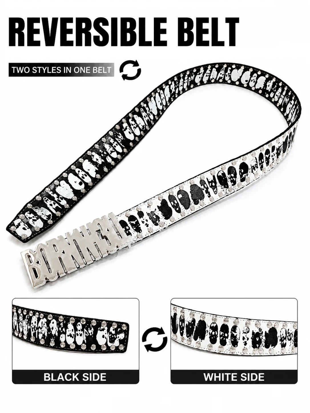 Vintage Punk Skull Belt with Reversible Design, Black White Skull Print Waist Belt, Bold Metal Buckle Street Style Fashion Acces