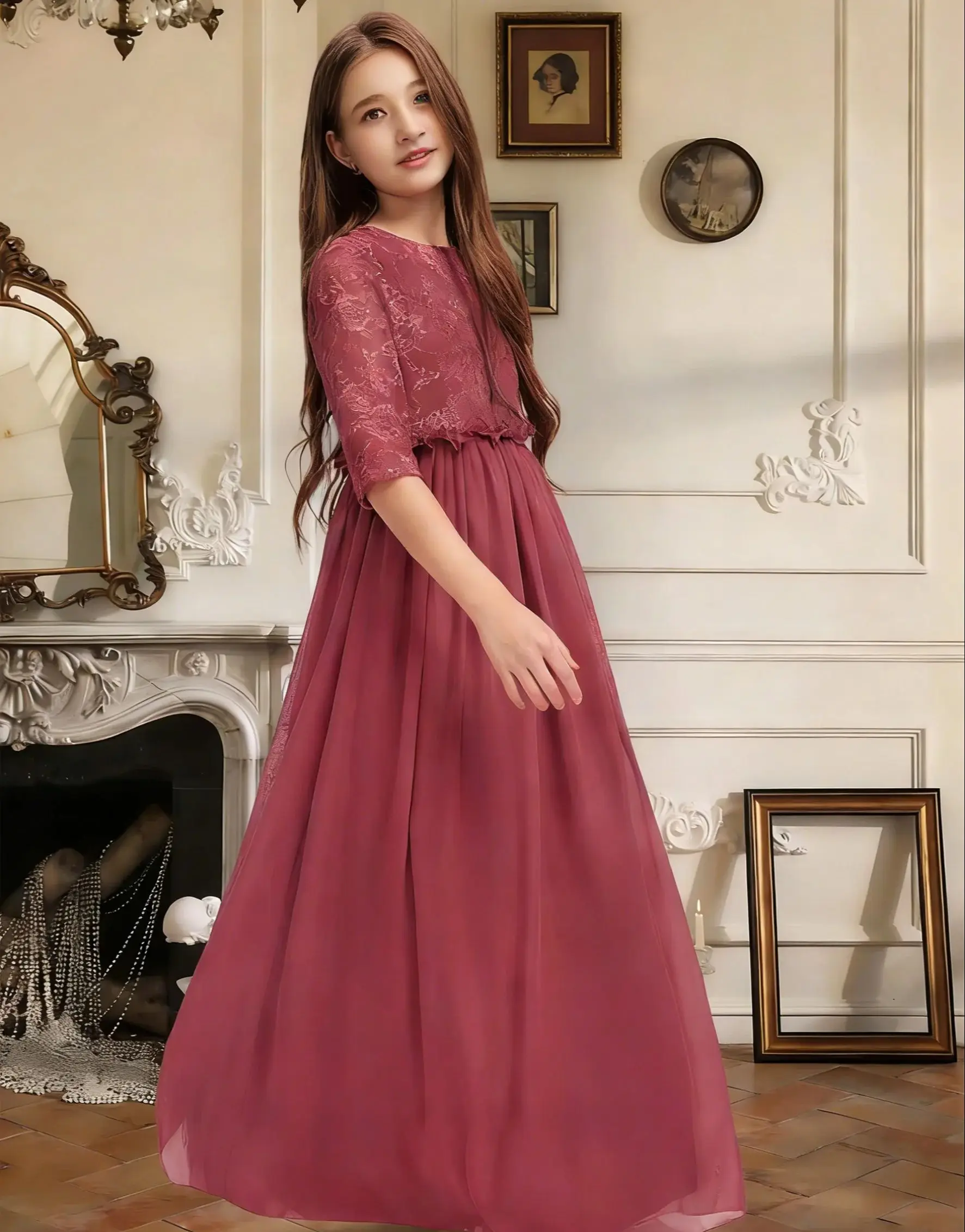 

Elegant A-Line Scoop Floor-Length Chiffon Junior Bridesmaid Dress Pleated Flower Girl Dress Girls Party Wedding Formal Occasion