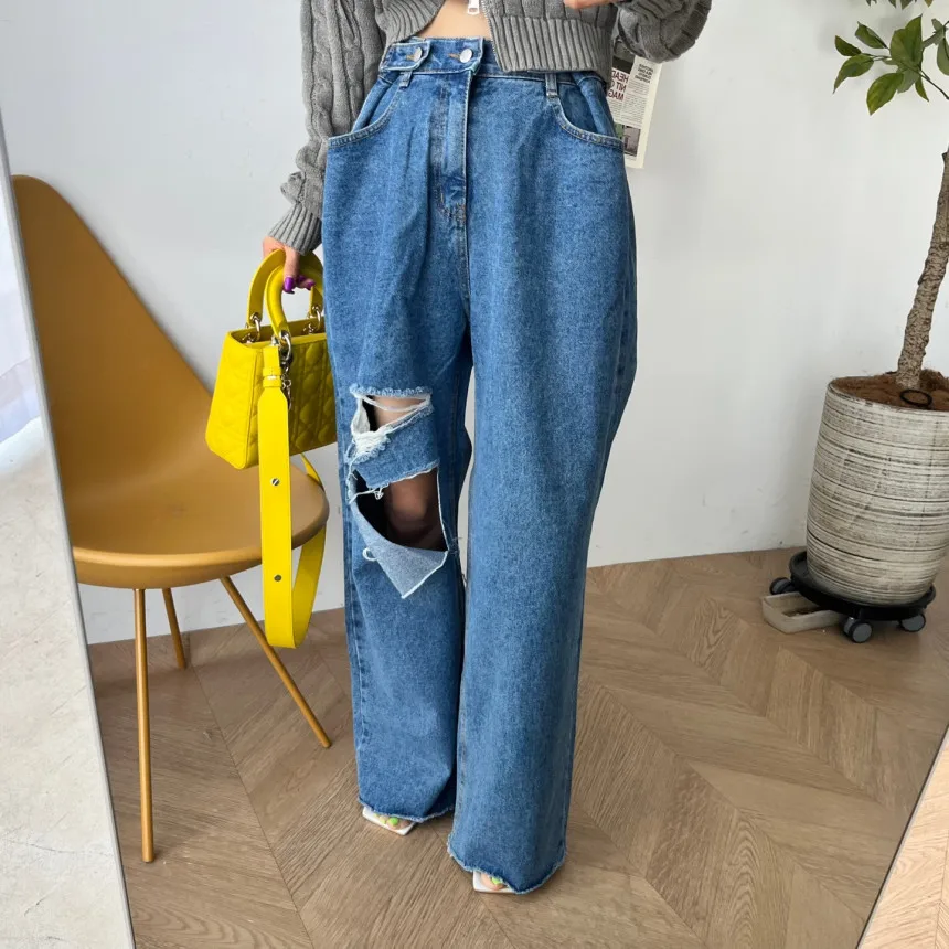 

Retro Waed High Waist Straight Leg Jeans Women's Destroyed Hem Loose Fit Long Pants Casual Denim Blue Color Spring Summer