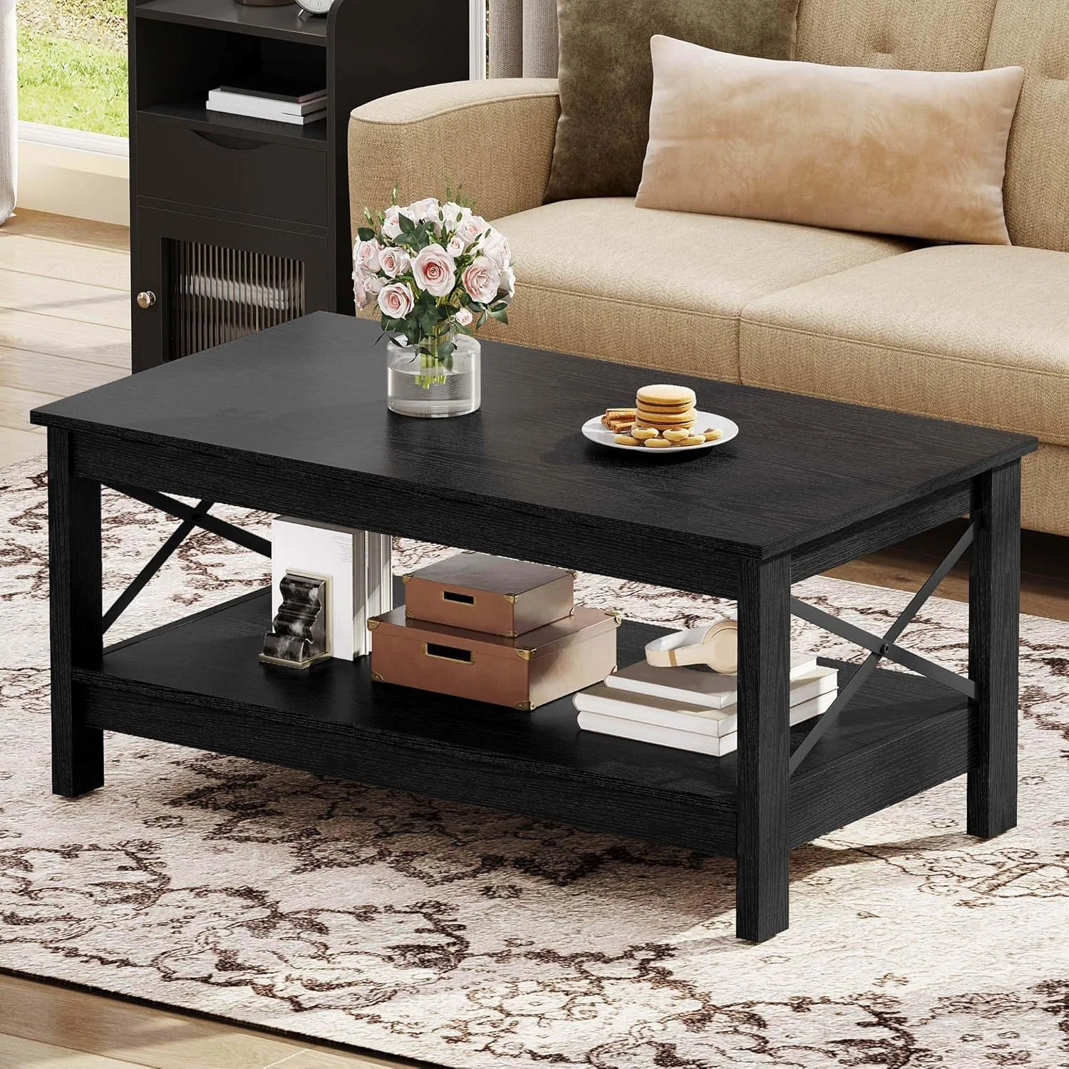 

Black Coffee Table for Living Room with Storage Wooden Top Modern Minimalist Design Home Furniture Space Saving Low Table