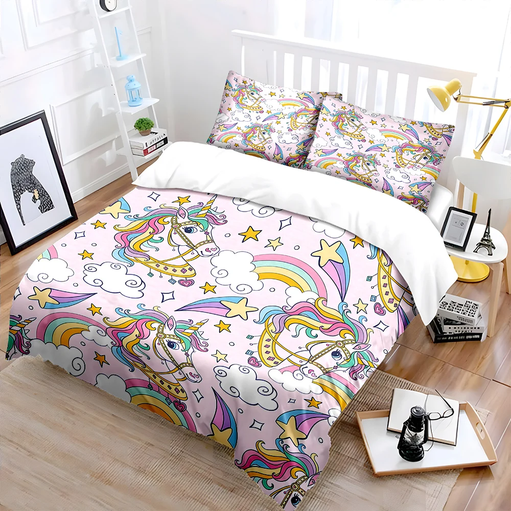 Colorful Unicorns with Stars Clouds Print Bedding Set 1 Duvet Cover 2 Pillowcases for Adult and Children Luxury Gift Full Size