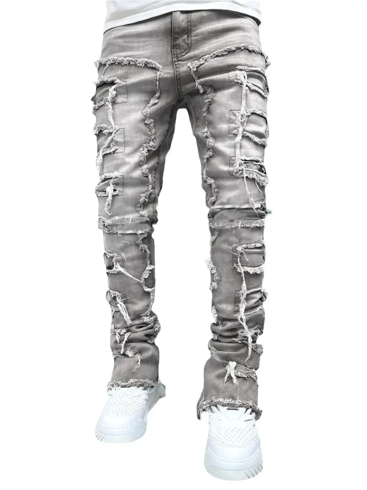 

High Street White Men Stacked Jeans Stretched Patchwork Tassel Damaged Denim Full Length Pants Hip-pop Trousers for Male