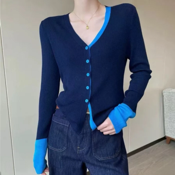 maglione lavorato a maglia a maniche lunghe con scollo a V coreano con giunture a contrasto cardigan top versatile slim monopetto primavera autunno da donna