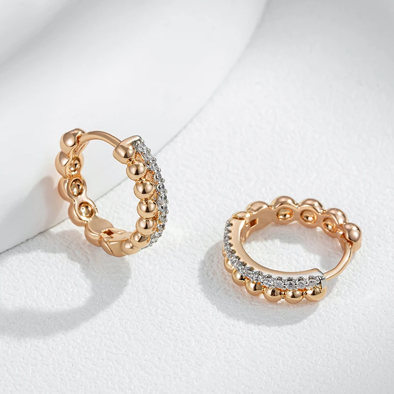 Kinel New Fashion Glossy Bead Natural Zircon Hoop Earrings Women 585 Rose Gold Silver Color Mix Fine Wedding Party Jewelry