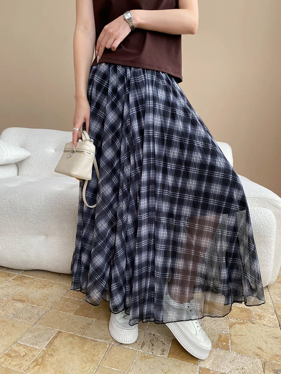 

Свободная сетчатая юбка А-силуэта с завышенной талией в американском стиле ретро контрастного цвета