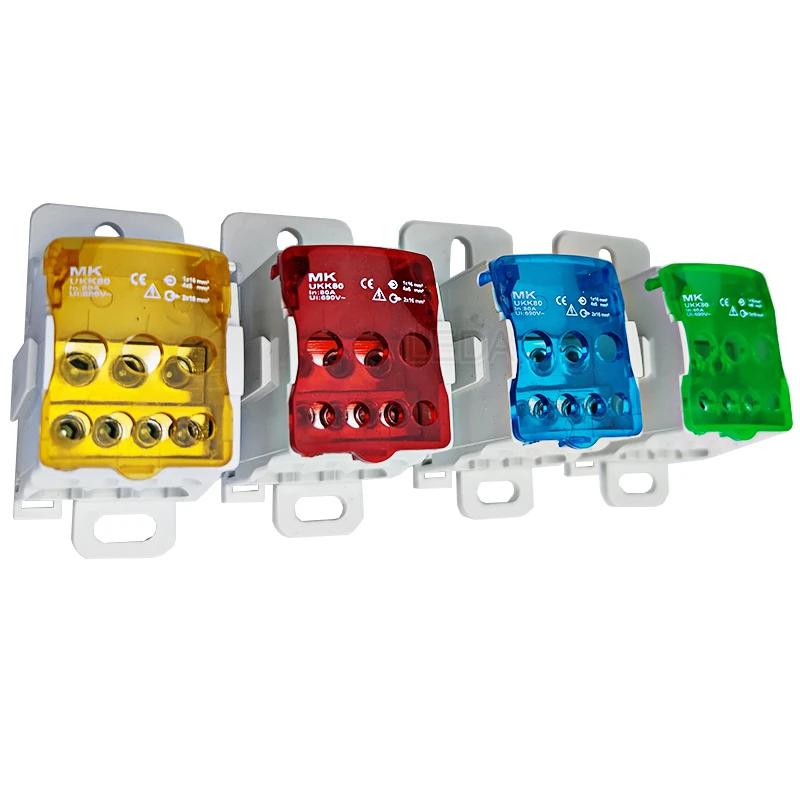 1Pcs Terminal Block UKK80A Din Rail 1 in Many Out Distribution Box Universal Electric Wire Connector Red Yellow Blue Green