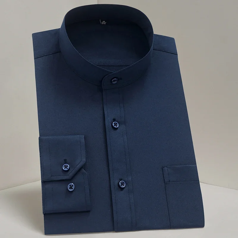 Spring Formal Shirt Men Stand Collar Business Long Sleeve Shirt Men Single Breasted Solid Color Work Tops Man