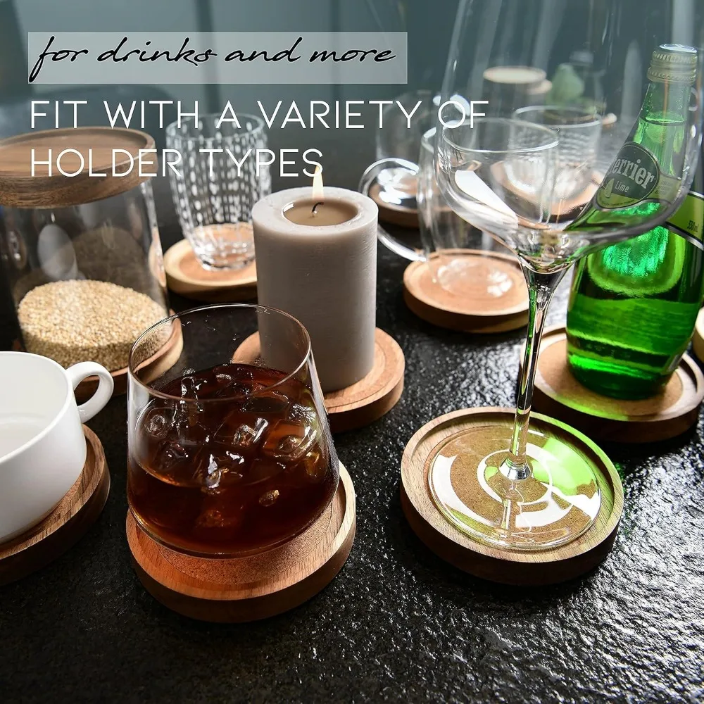 Podstawki pod napoje z drewna akacjowego, 10,5 cm, zestaw 6 sztuk, chłonne i izolacyjne korkowe podstawki do kubków, rustykalne podstawki pod w