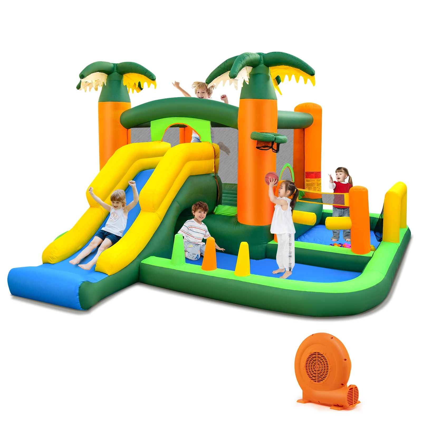 Tropical Inflatable Bounce Castle, 8-in-1 Giant Jumping House w/680W Blower