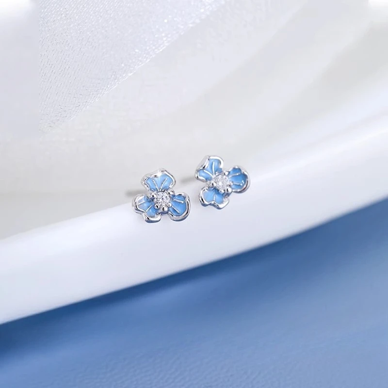Mini Sweet Exquisite Sterling Silver Blue Irises Stud Earrings for Women Girls Charm Flower Jewelry Accessories Birthday Present