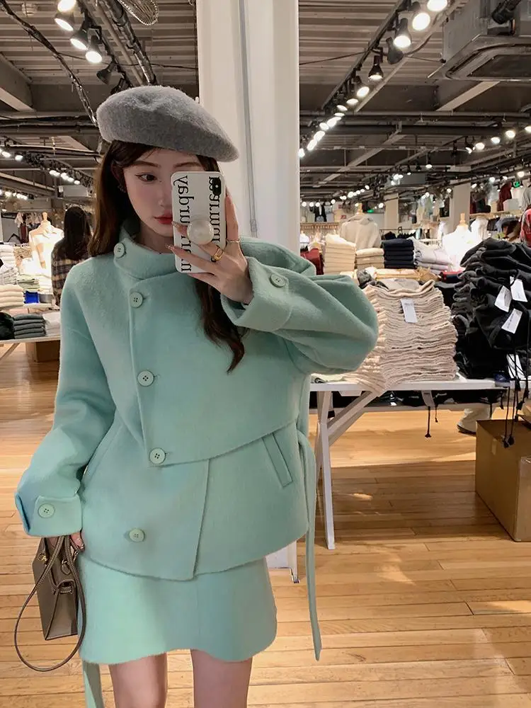 

Autumn and Winter New Green Woolen Coat Skirt Set Women Clothing Fish Tail Mini Skirt Stylish Sweet Two Piece Set Women Outfits