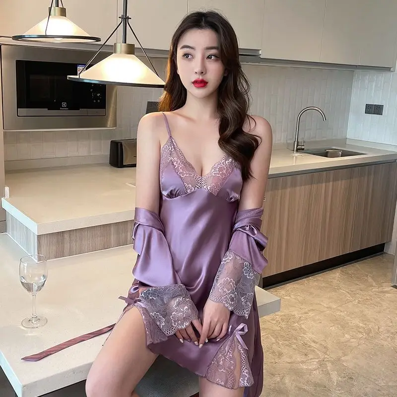 Sexy Pajama Women's Sleep Underwear Summer Ice Silk Thin Lace 2024 New Slip Nightdress Nightgown Set Spring and Autumn Simple